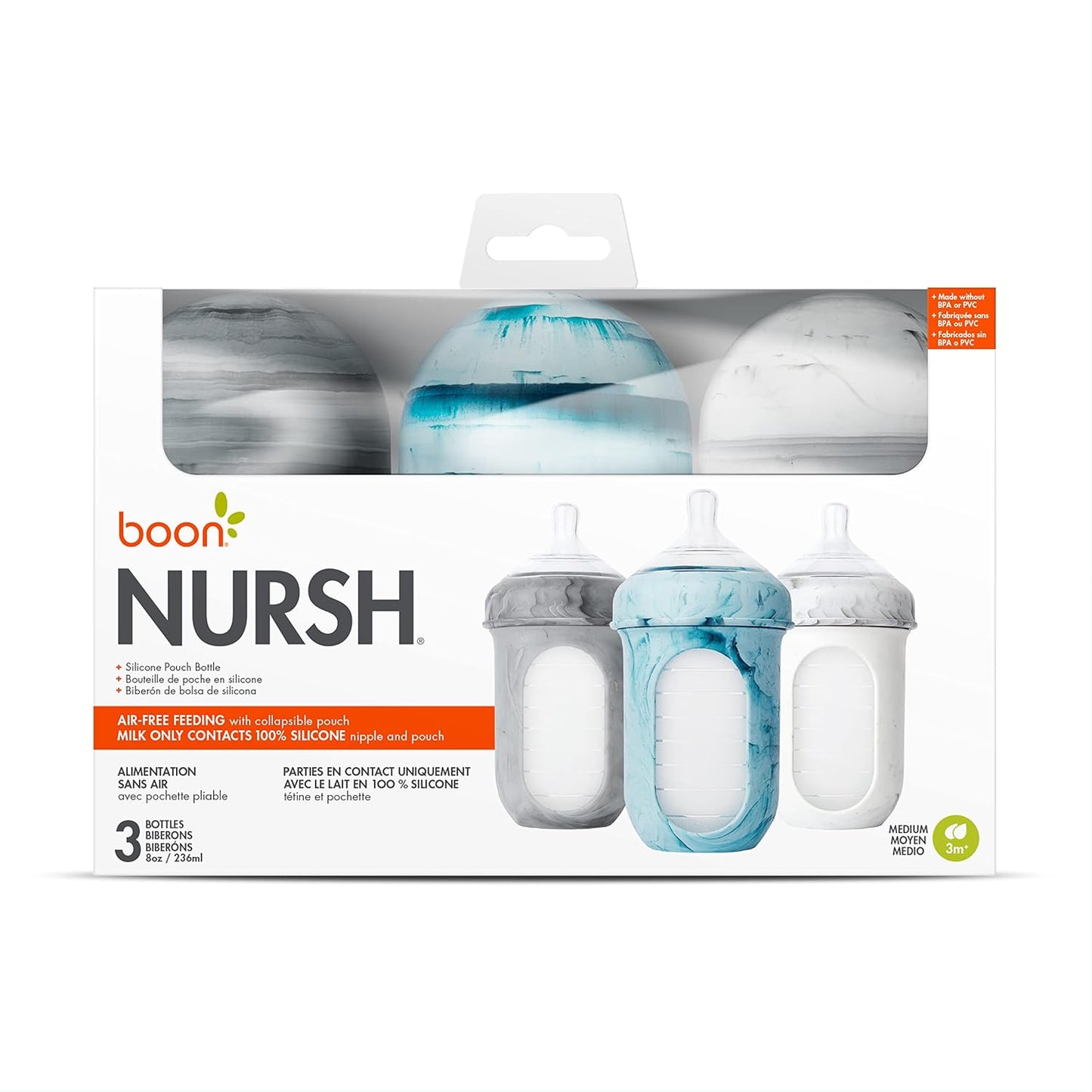 Boon Nursh Reusable Silicone Baby Bottles (236ml, pack of 3)