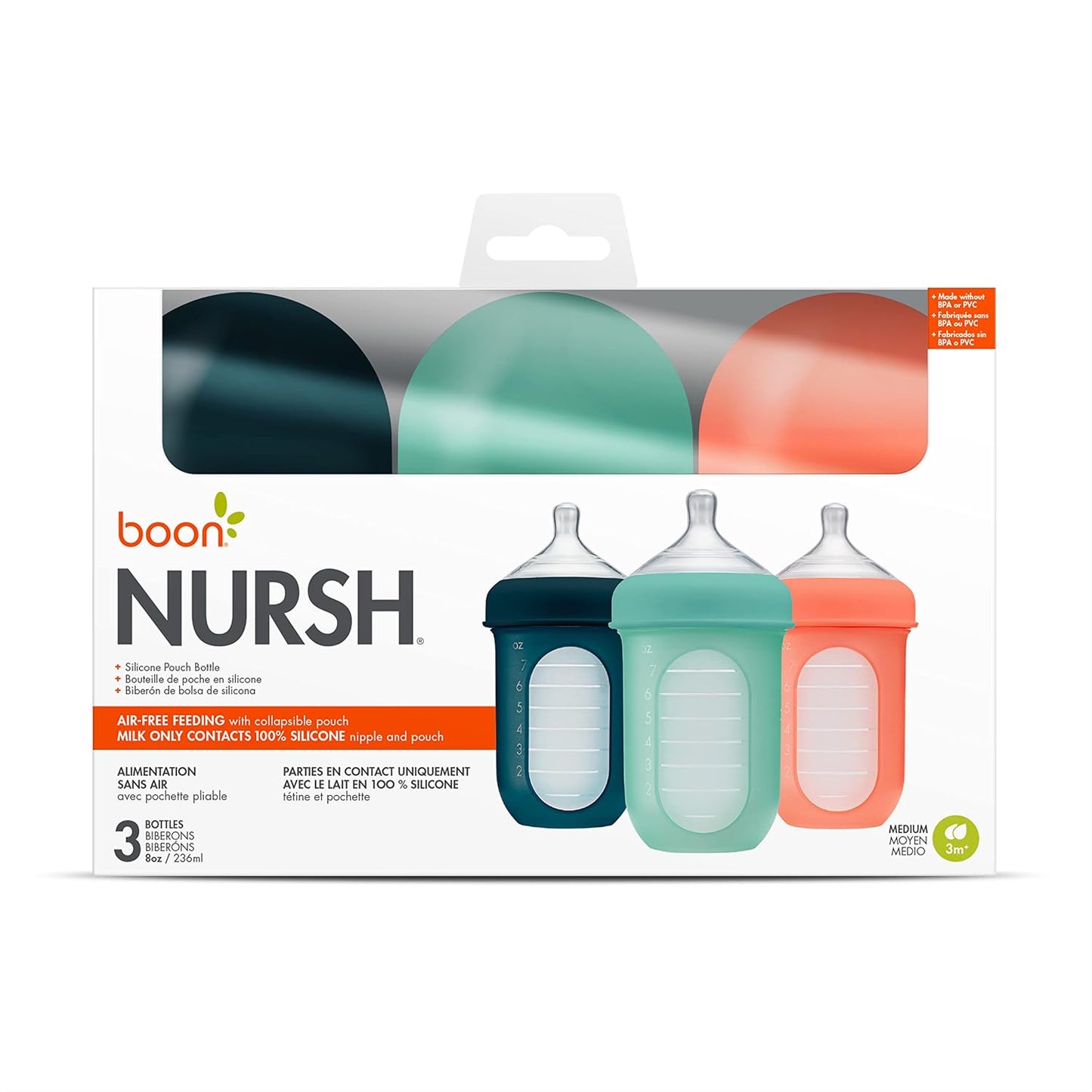 Boon Nursh Reusable Silicone Baby Bottles (236ml, pack of 3)